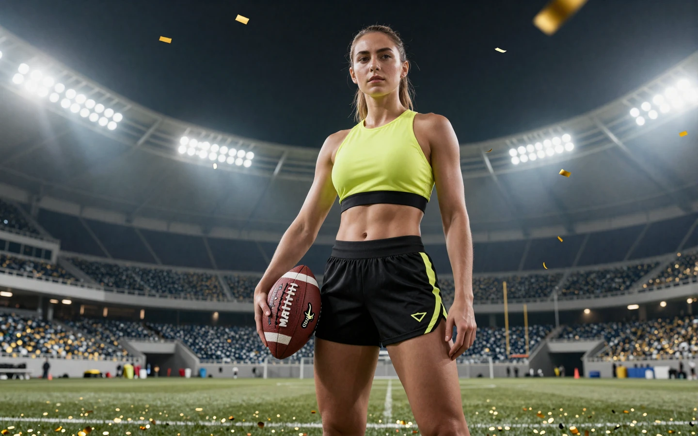 Selbstbewusste Frau in lime-schwarzer Sportkleidung mit Fu&szlig;ball vor Stadion-Flutlicht - Golazzo Online Casino Deutschland