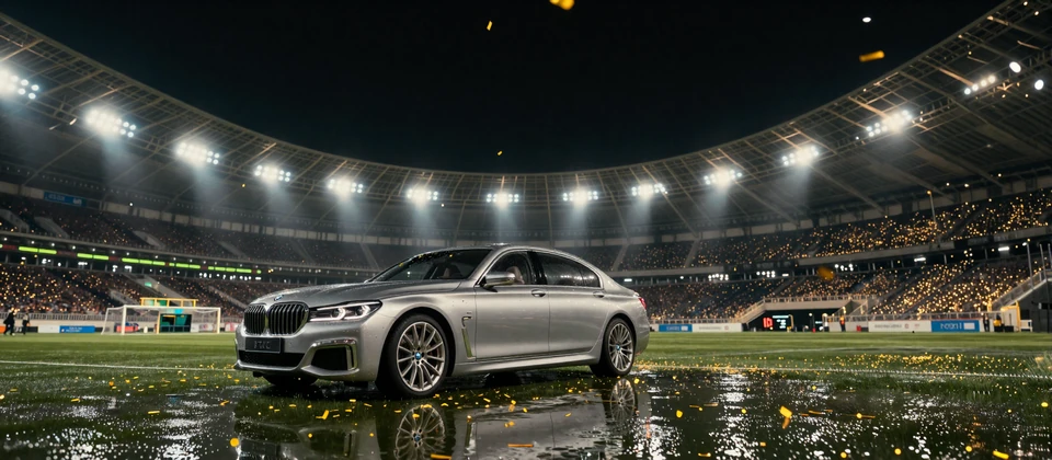 Silberner BMW 7er auf dem Stadionrasen im Flutlicht mit Goldkonfetti - Golazzo Verlosung