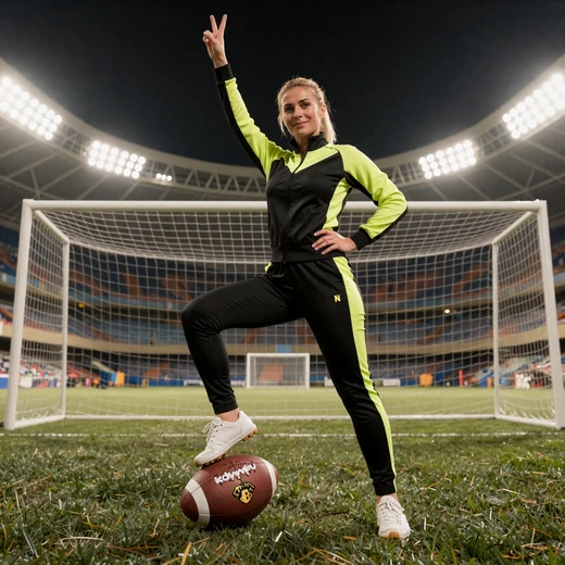 Blonde Frau im schwarz-limen Trainingsanzug in Siegerpose mit Ball vor Stadion-Tor - Golazzo starten