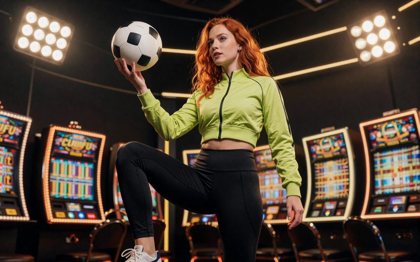Frau mit roten Haaren in limer Sportjacke jongliert einen Fu&szlig;ball vor Casino-Neon und Flutlicht - Golazzo Online Casino Spiele