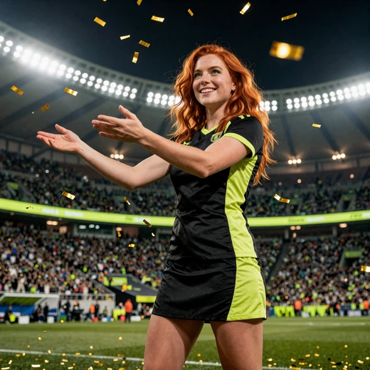 Rothaarige Frau im schwarz-limen Sportkleid f&auml;ngt Goldkonfetti im Stadion - Golazzo Bonuspaket