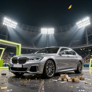 Silberner BMW 7er im Stadionflutlicht mit Goldkonfetti und Geldstapeln - Golazzo Verlosung
