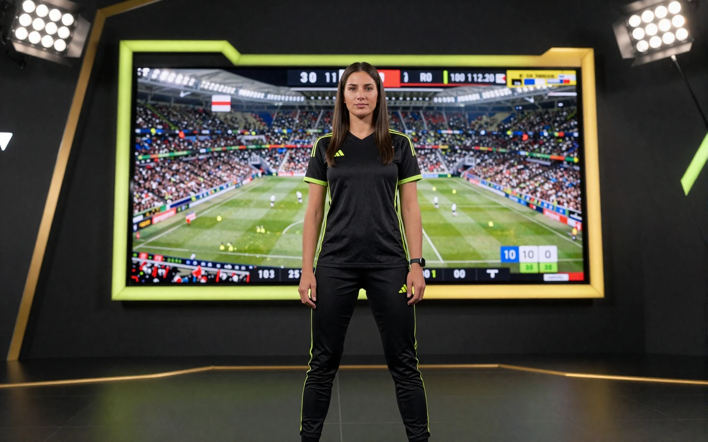 Br&uuml;nette Frau in lime-schwarzer Sportkleidung vor Live-&Uuml;bertragungsscreen mit Fu&szlig;ballspiel - Golazzo Sportwetten und Live-Wetten
