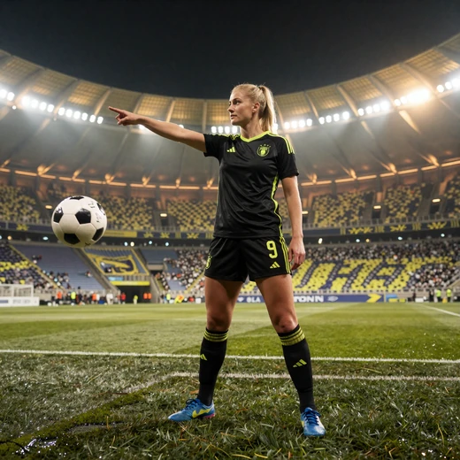 Blonde Frau im schwarz-limen Sport-Kit zeigt auf floodlit Stadionrasen mit Ball - Golazzo Tipp abgeben